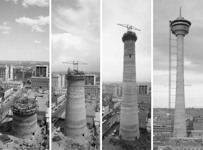 4 black and white photos of the Calgary Tower being built
